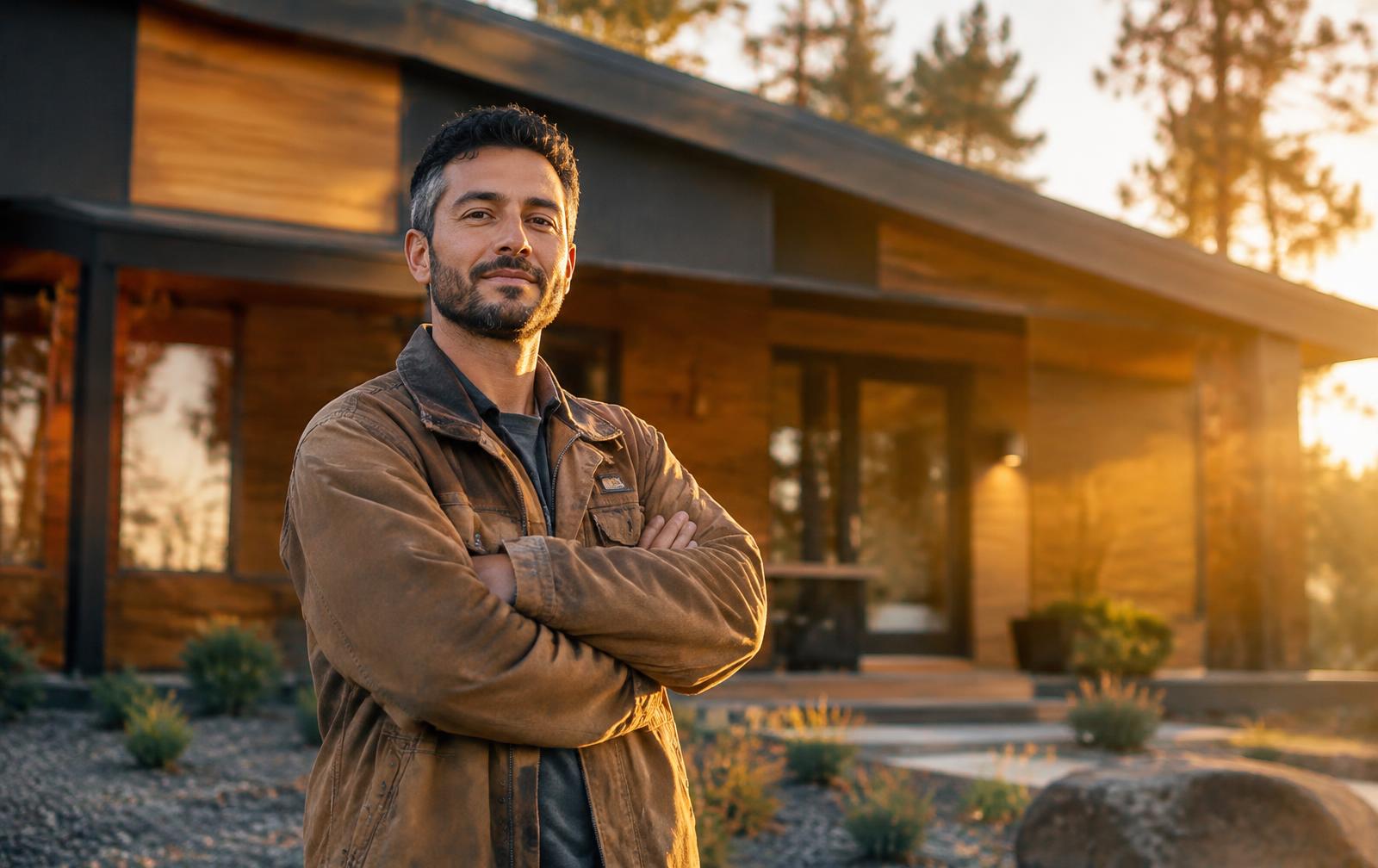Independent contractor standing in front of a finished modern home